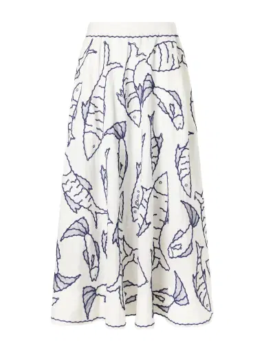 Farm Rio Fresh Fish Embroidered Linen-blend Midi Skirt | Thumbnail 1 Farm Rio Fresh Fish Embroidered Linen-blend Midi Skirt | Thumbnail 1