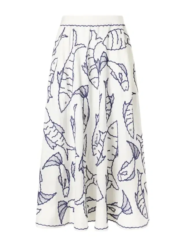 Farm Rio Fresh Fish Embroidered Linen-blend Midi Skirt