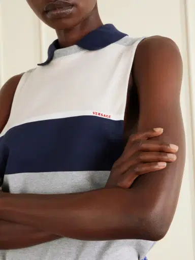 Versace Sleeveless Embroidered Striped Cotton T-shirt | Thumbnail 5