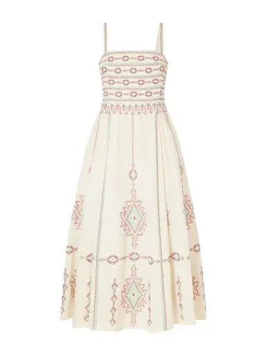 Emporio Sirenuse Aneeda Astragal Mare Embroidered Linen Cotton-blend Midi Dress | Thumbnail 1 Emporio Sirenuse Aneeda Astragal Mare Embroidered Linen Cotton-blend Midi Dress | Thumbnail 1