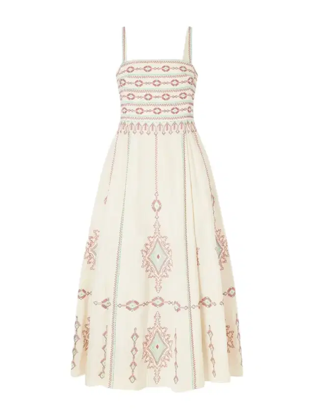 Aneeda Astragal Mare Embroidered Linen Cotton-blend Midi Dress