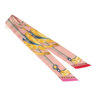 HERMÈS Hermes "Cavalcades" Bleu, Rose Poudre, Jaune D'or Multi Silk Twilly | Thumbnail 2 HERMÈS Hermes "Cavalcades" Bleu, Rose Poudre, Jaune D'or Multi Silk Twilly | Thumbnail 2