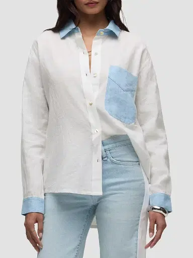 Hudson Jeans Women's Oversized Linen Button-Front Shirt - Colorblock White - Size XS | Thumbnail 4