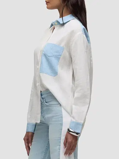 Hudson Jeans Women's Oversized Linen Button-Front Shirt - Colorblock White - Size XS | Thumbnail 5