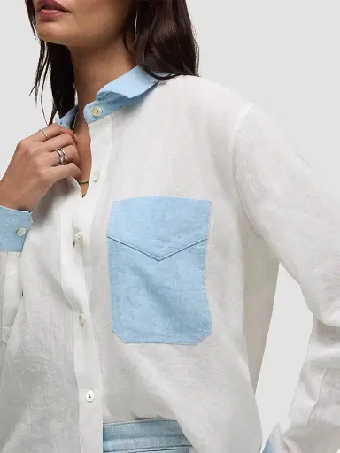 Hudson Jeans Women's Oversized Linen Button-Front Shirt - Colorblock White - Size XS | Thumbnail 7