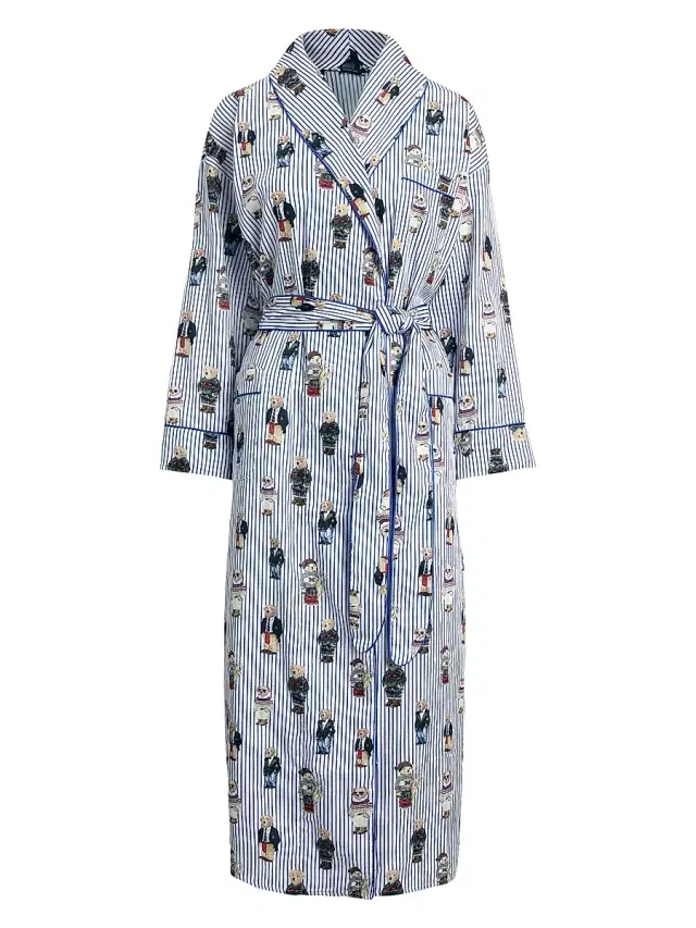 Polo Ralph Lauren Women's Heritage Cotton Striped Polo Bear Robe - Snowfall Blue