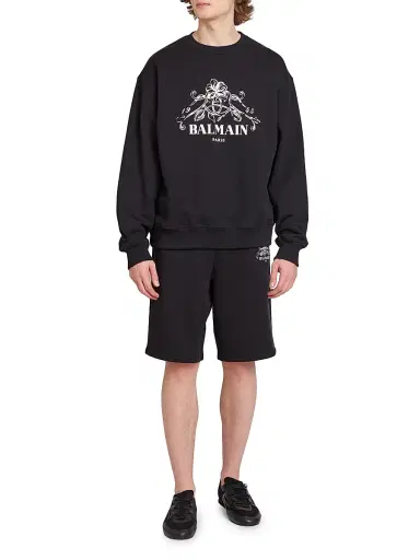Balmain Men's Vine Logo Cotton Sweatshorts - Noir Blanc | Thumbnail 2
