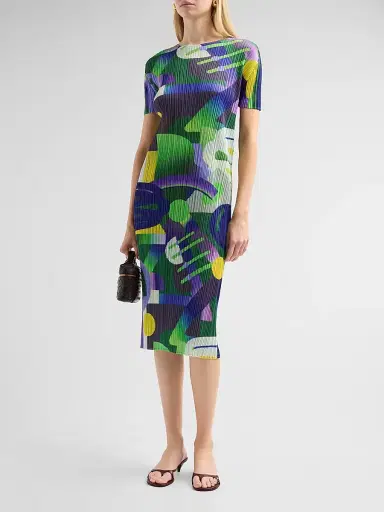 Pleats Please Issey Miyake Women's Playground Pleated Abstract Midi-Dress - Purple - Size Large | Thumbnail 4