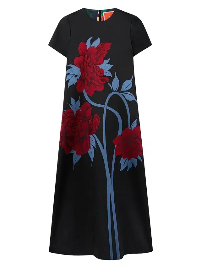 La DoubleJ Women's Swing Dress - Peonies Jacquard Blue