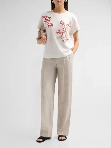 Giorgio Armani Women's Embroidered Silk-Cotton T-Shirt - Solid White | Thumbnail 2