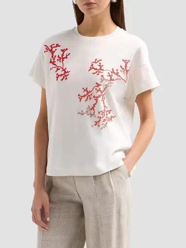 Giorgio Armani Women's Embroidered Silk-Cotton T-Shirt - Solid White | Thumbnail 4