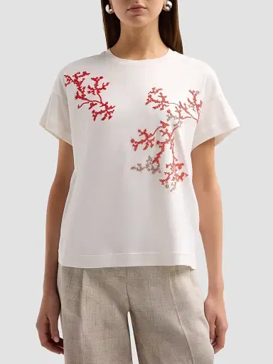 Giorgio Armani Women's Embroidered Silk-Cotton T-Shirt - Solid White | Thumbnail 5