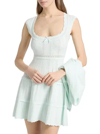 LoveShackFancy Women's Laighton Pointelle-Knit Tiered Minidress - Dusty Lagoon - Size XL | Thumbnail 3 LoveShackFancy Women's Laighton Pointelle-Knit Tiered Minidress - Dusty Lagoon - Size XL | Thumbnail 3