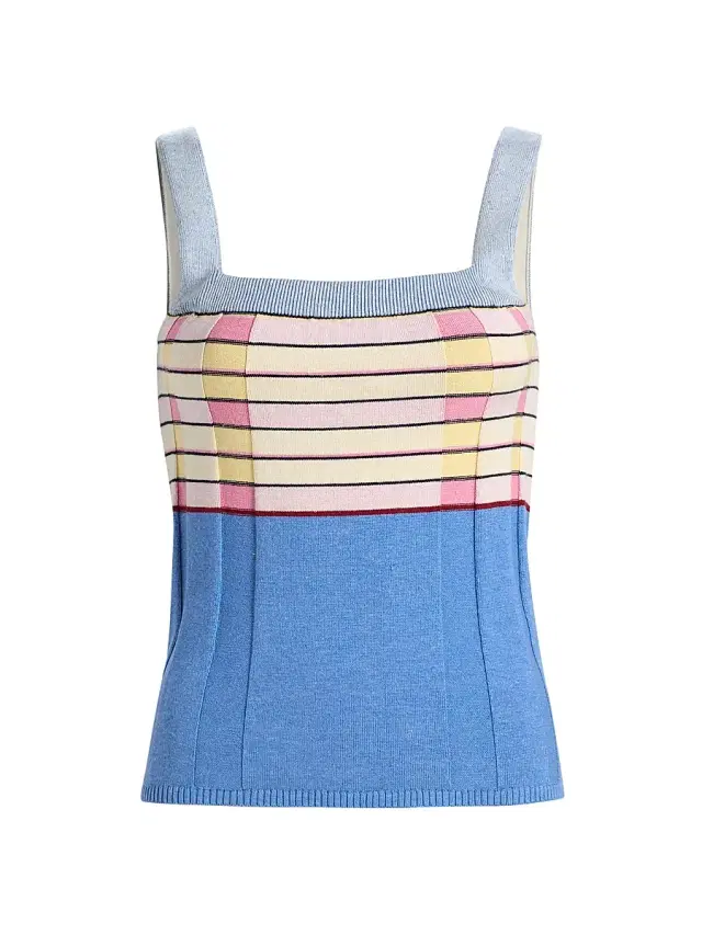 Guest in Residence Women's Striped Silk-Linen Tank - Delft Blue Combo