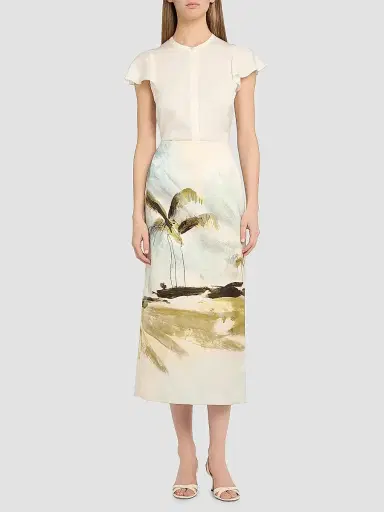 Oscar de la Renta Women's Palm Tree-Print Satin Pencil Midi-Skirt | Thumbnail 2 Oscar de la Renta Women's Palm Tree-Print Satin Pencil Midi-Skirt | Thumbnail 2