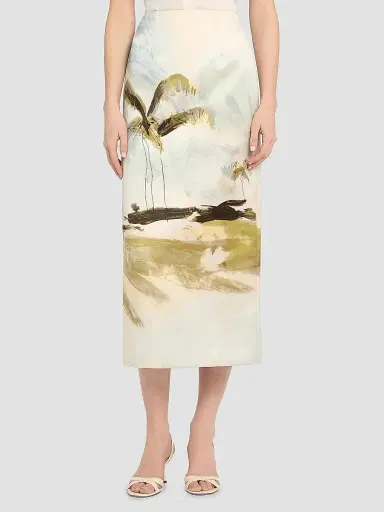 Oscar de la Renta Women's Palm Tree-Print Satin Pencil Midi-Skirt | Thumbnail 3 Oscar de la Renta Women's Palm Tree-Print Satin Pencil Midi-Skirt | Thumbnail 3