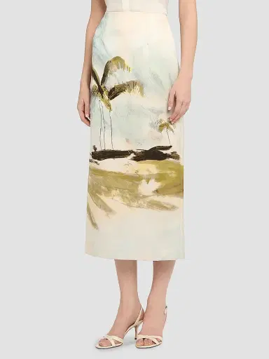 Oscar de la Renta Women's Palm Tree-Print Satin Pencil Midi-Skirt | Thumbnail 4 Oscar de la Renta Women's Palm Tree-Print Satin Pencil Midi-Skirt | Thumbnail 4
