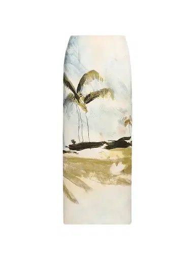 Oscar de la Renta Women's Palm Tree-Print Satin Pencil Midi-Skirt | Thumbnail 1 Oscar de la Renta Women's Palm Tree-Print Satin Pencil Midi-Skirt | Thumbnail 1