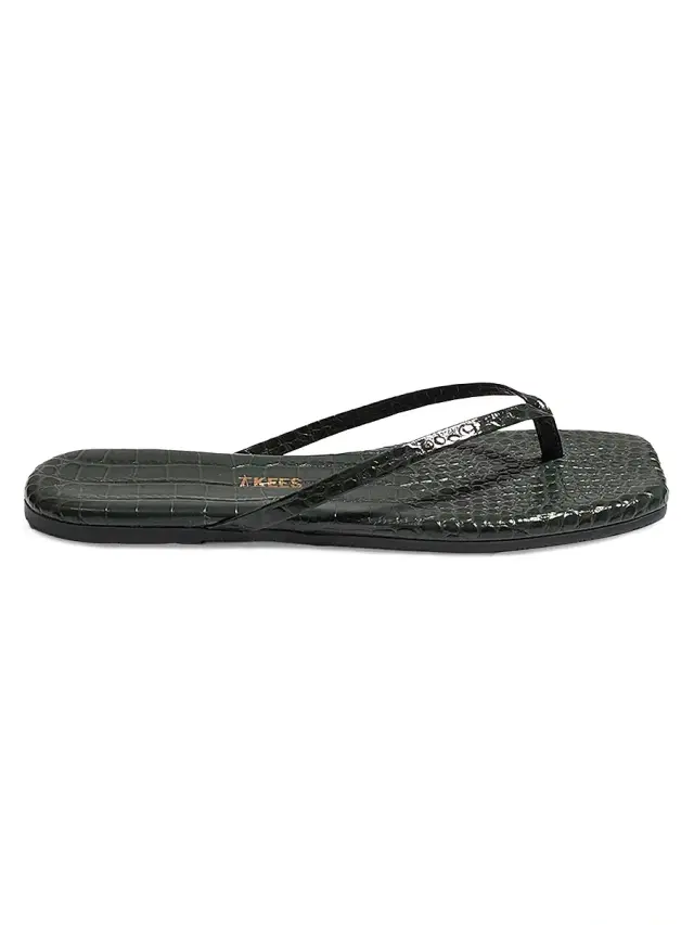 Tkees Women's Croc-Embossed Leather Flat Sandals - Emerald