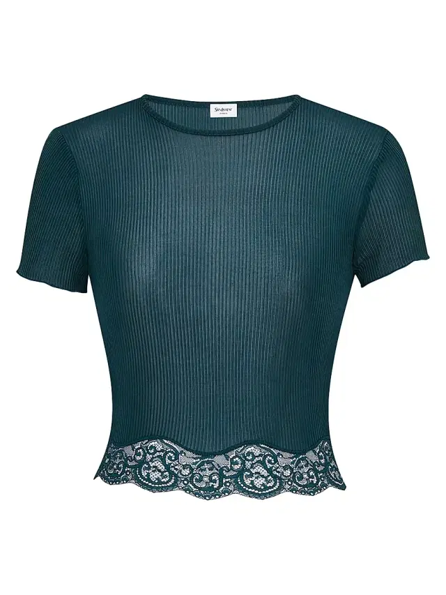Women's Laced T-Shirt in Ribbed Silk - Vert Iraty
