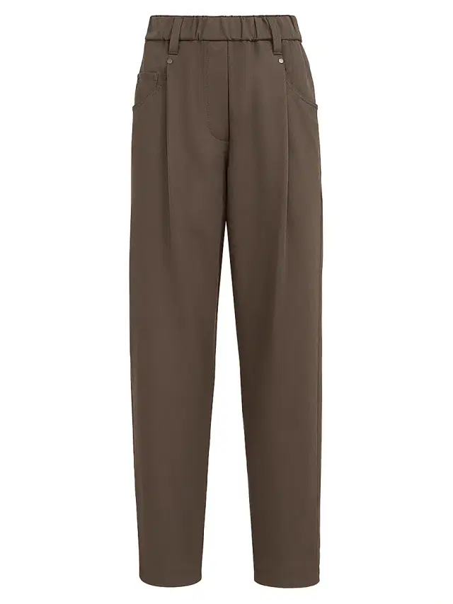 Women's Stretch Cotton Cover Baggy Pull On Trousers with Shiny Bartack - Pine Cone Brown