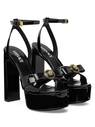 Versace Women's Gianni Ribbon 140MM Leather Platform Sandals - Black Gold - Size 5 | Thumbnail 2