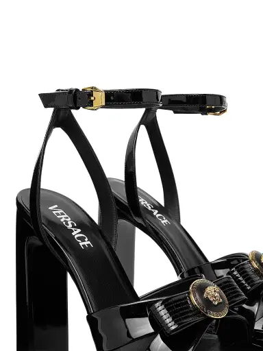 Versace Women's Gianni Ribbon 140MM Leather Platform Sandals - Black Gold - Size 5 | Thumbnail 3