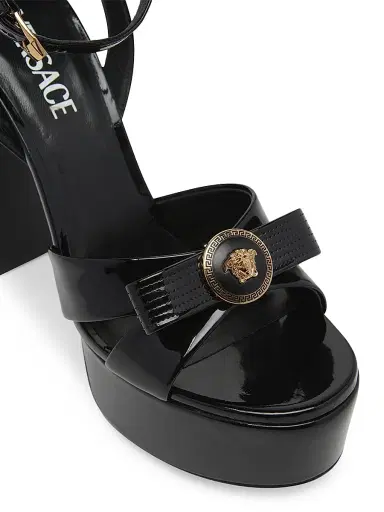 Versace Women's Gianni Ribbon 140MM Leather Platform Sandals - Black Gold - Size 5 | Thumbnail 6