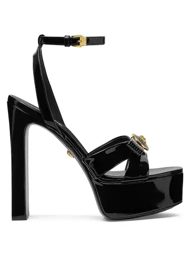 Versace Women's Gianni Ribbon 140MM Leather Platform Sandals - Black Gold - Size 5 | Thumbnail 1