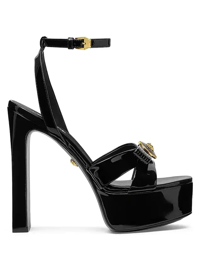 Versace Women's Gianni Ribbon 140MM Leather Platform Sandals - Black  Gold