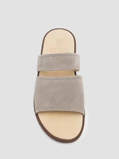 Brunello Cucinelli Men's Suede Open-Toe Slide Sandals - Grey | Thumbnail 3 Brunello Cucinelli Men's Suede Open-Toe Slide Sandals - Grey | Thumbnail 3