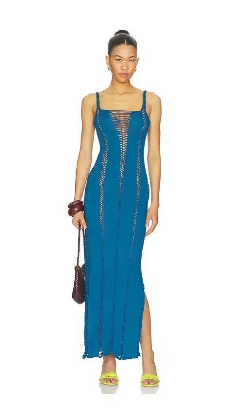 Indah Soren Solid Maxi Slash Dress With Macrame Trim