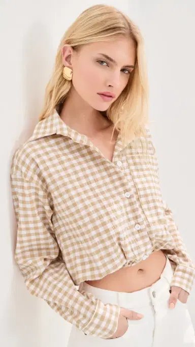 LE BOP Wylie Button Down Shirt Khaki Check M | Thumbnail 2