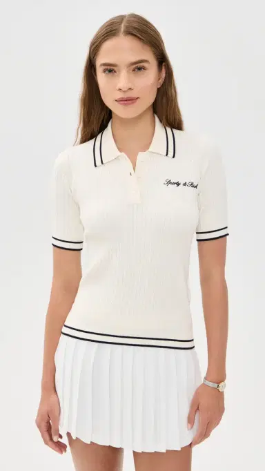 Sporty & Rich Signature Logo Mini Cable Polo Ecru/Dark Navy | Thumbnail 2