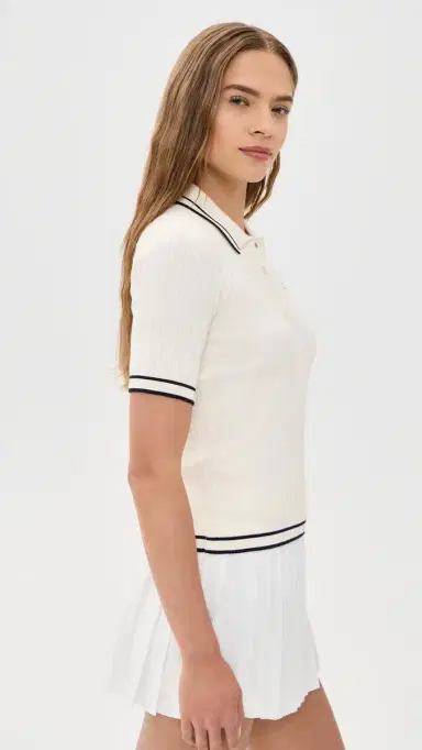 Sporty & Rich Signature Logo Mini Cable Polo Ecru/Dark Navy | Thumbnail 4