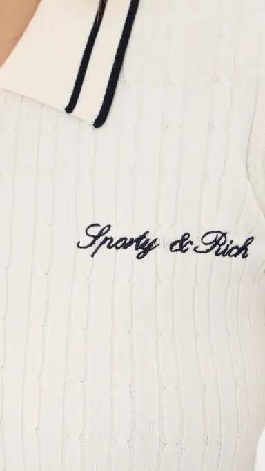 Sporty & Rich Signature Logo Mini Cable Polo Ecru/Dark Navy | Thumbnail 6