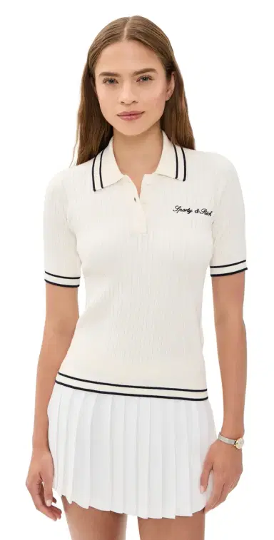 Sporty & Rich Signature Logo Mini Cable Polo Ecru/Dark Navy | Thumbnail 1