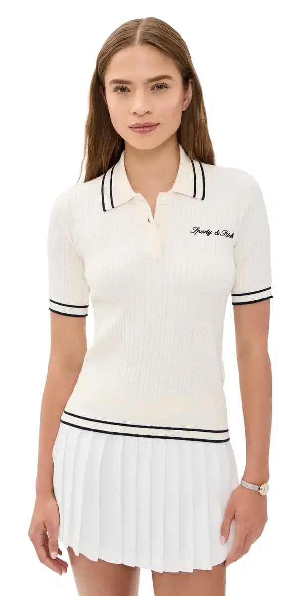 Sporty & Rich ignature Logo Mini Cable Polo Ecru/Dark Navy