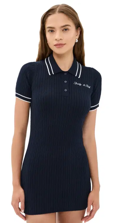 Sporty & Rich Signature Logo Mini Cable Knit Dress Dark Navy/White White | Thumbnail 1 Sporty & Rich Signature Logo Mini Cable Knit Dress Dark Navy/White White | Thumbnail 1