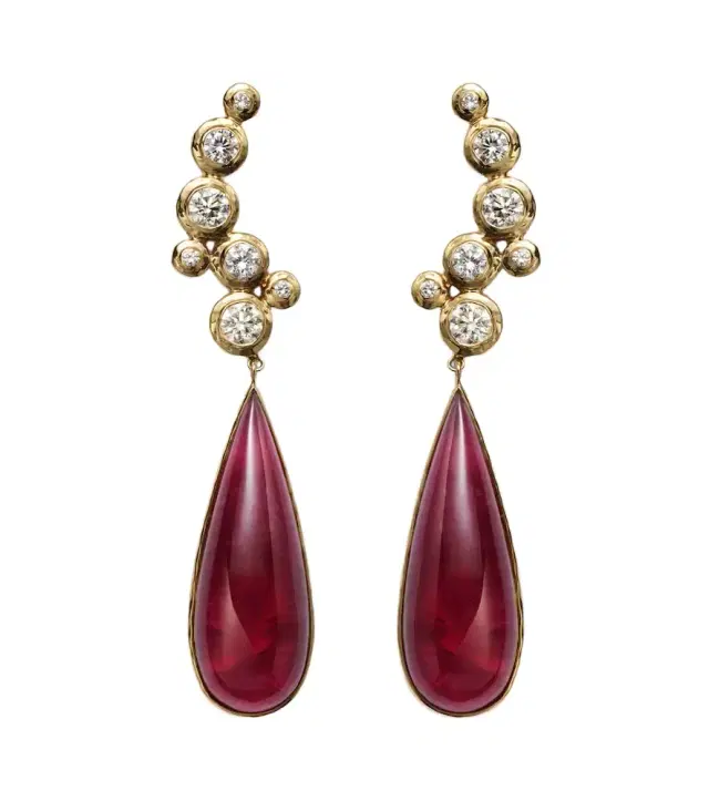 Octavia Elizabeth Floating Nesting Gem 18kt gold drop earrings with diamonds and rubellites