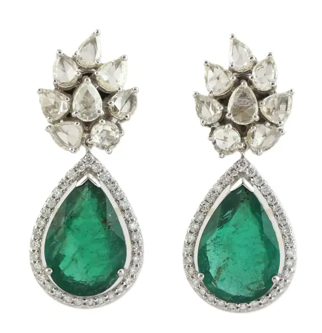 Wish Fine Jewelry 10.17ct Diamond Emerald 18K Gold Flower Earrings