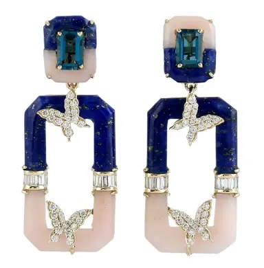 Wish Fine Jewelry 16.29ct Diamond Opal Lapis Lazuli Topaz 14K Gold Drop Earrings | Thumbnail 1