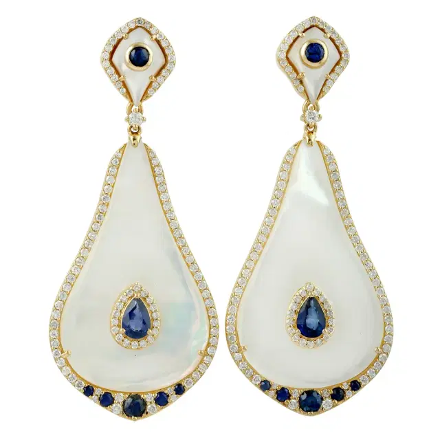 Wish Fine Jewelry 25.71ct Sapphire Diamond Mother of Pearl 18K Gold Earrings