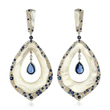 Wish Fine Jewelry 33.64ct Kyanite Sapphire Diamond Mother of Pearl 18K Gold Earrings | Thumbnail 1 Wish Fine Jewelry 33.64ct Kyanite Sapphire Diamond Mother of Pearl 18K Gold Earrings | Thumbnail 1