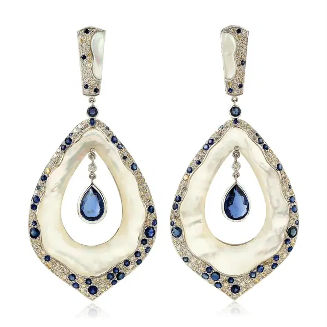 Wish Fine Jewelry 33.64ct Kyanite Sapphire Diamond Mother of Pearl 18K Gold Earrings