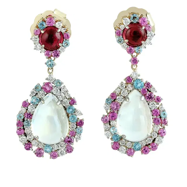 Wish Fine Jewelry 37ct Diamond Moonstone Sapphire Topaz Tourmaline 14K Gold Earrings