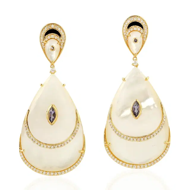Wish Fine Jewelry 49.86ct Iolite Diamond Mother of Pearl 18K Gold Earrings