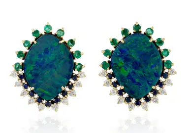 Wish Fine Jewelry 5.30ct Diamond Opal Emerald Sapphire 18K Gold Stud Earrings | Thumbnail 1