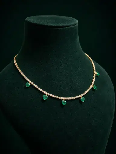 Wish Fine Jewelry 5.85ct Diamond Emerald 18K Gold Stationed Heart Choker Necklace | Thumbnail 3