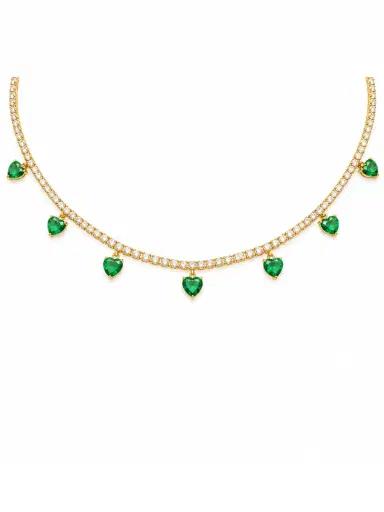 Wish Fine Jewelry 5.85ct Diamond Emerald 18K Gold Stationed Heart Choker Necklace | Thumbnail 1